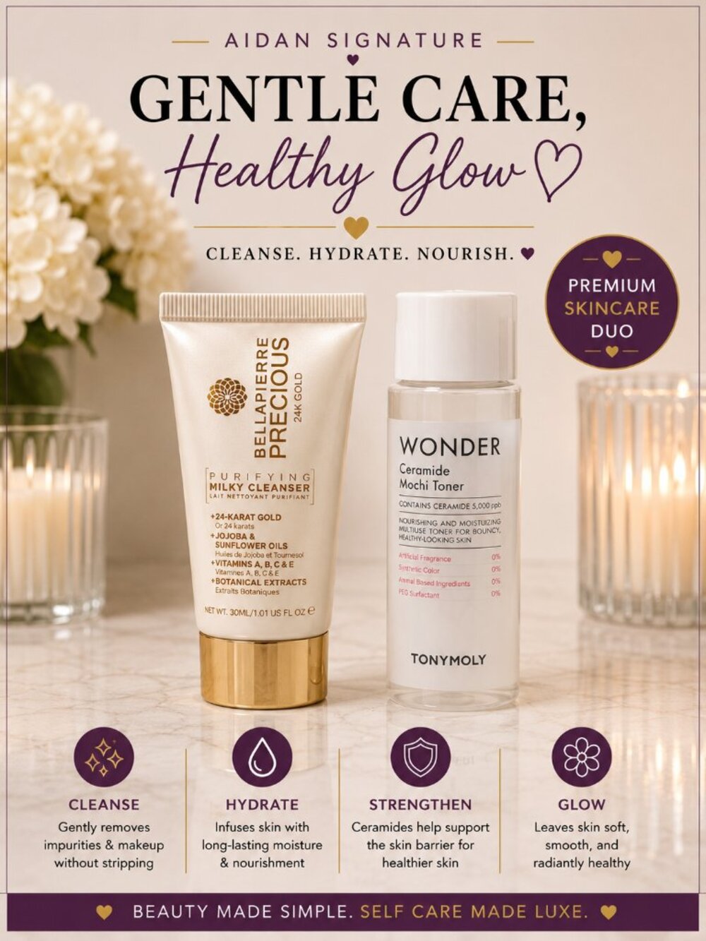 Bellapierre 24K Gold Cleanser + TONYMOLY Wonder Ceramide Mochi Toner Duo